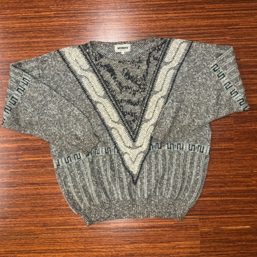 Vintage Mondo Sweater Mens Large Abstract Knit Pullover 90s Gray Black XL Cotton